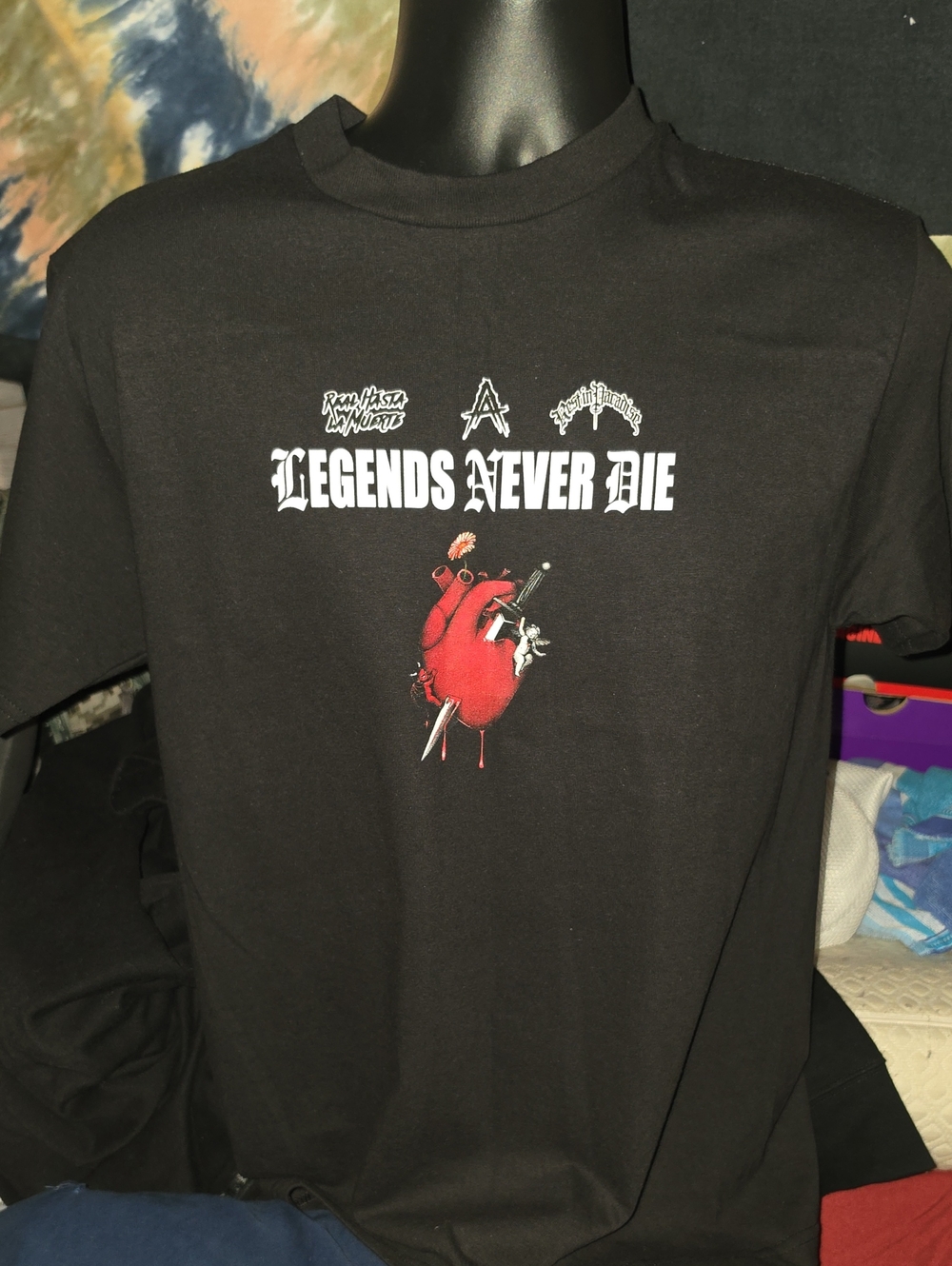 Legends Never Die Graphic Tee - Black with Red Heart